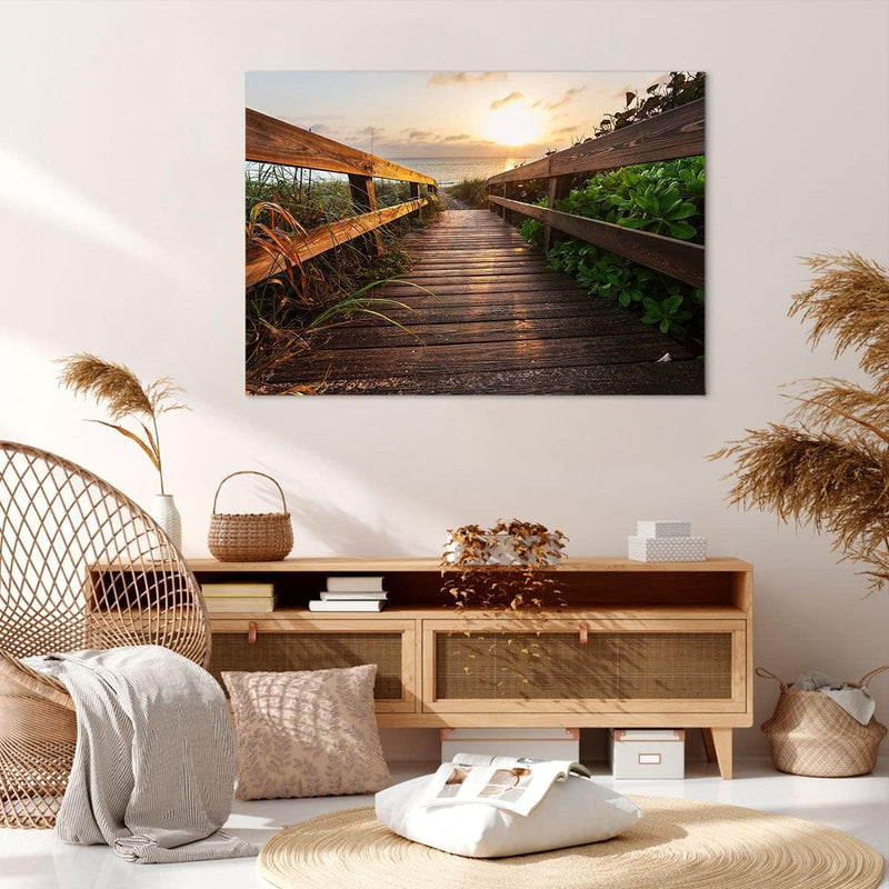 Bilder auf Leinwand 100x70cm Leinwandbild Fussgängerbrücke Meer Strand Ufer Gross Wanddeko Bild Schl