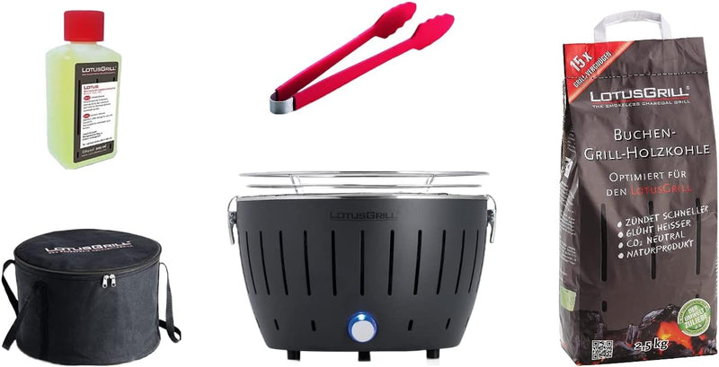 LotusGrill S Small Kompakt Starter-Set Anthrazitgrau der raucharme Holzkohlegrill mit 2,5 kg Buchenh