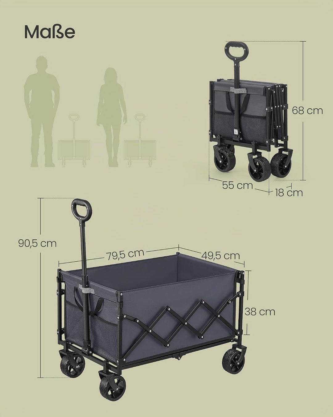 SONGMICS Kleiner Handwagen faltbar, Gartenwagen, kompakt, mit Griff | Mit 4 verstärkten Rollen, davo