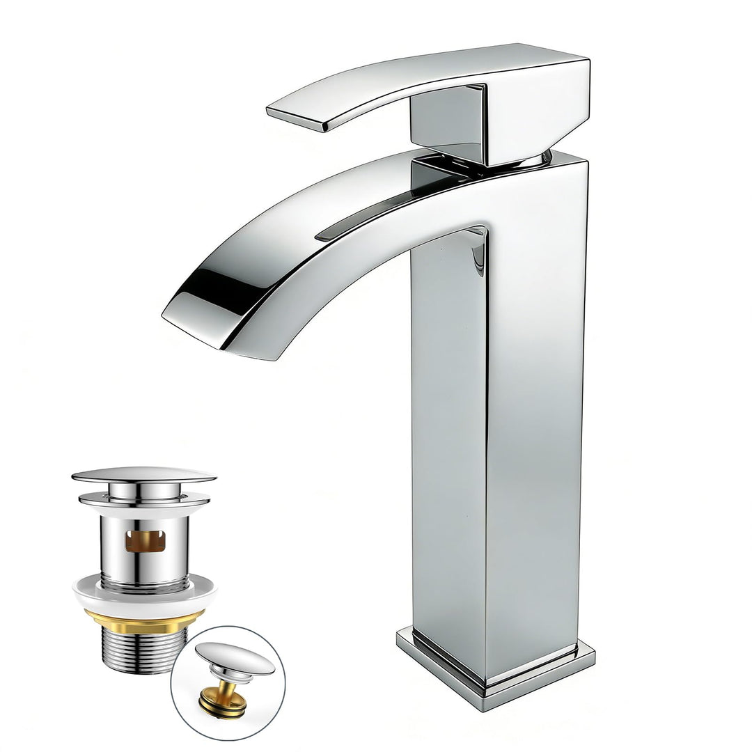 FORIOUS Wasserhahn Bad mit Ablaufgarnitur, Wasserfall Waschtischarmatur Hoch mit Auslauf Höhe 225 mm