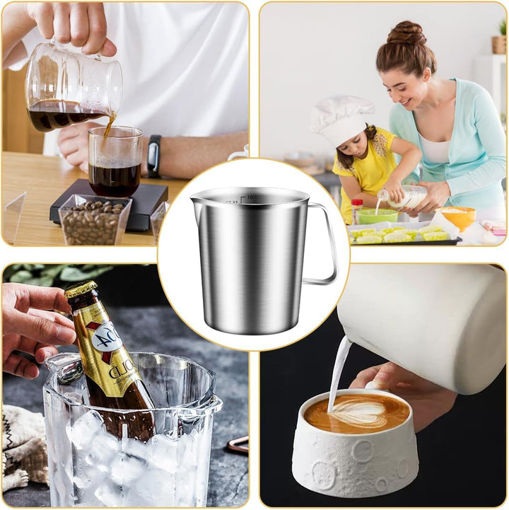 Messbecher Edelstahl 1L, Milchkännchen mit Markierung mit Griff, Messkanne Milk Pitcher, Milchaufsch