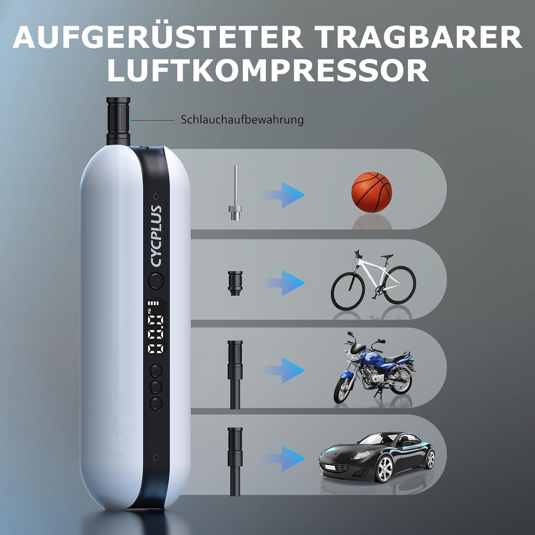 CYCPLUS Luftpumpe 150PSI Elektrischer Kompressor Tragbar Fahrradpumpe Mini Reifenpumpe mit Digital L