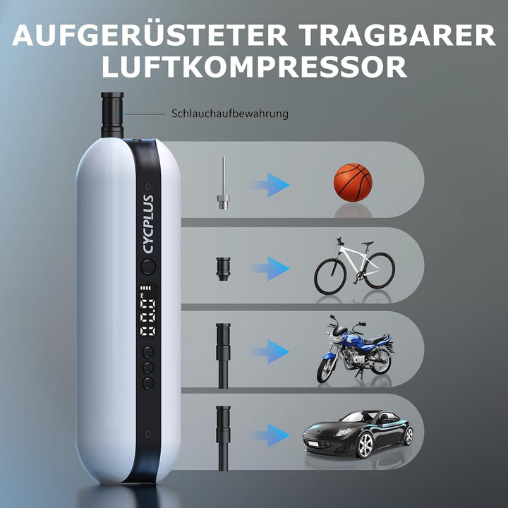 CYCPLUS Luftpumpe 150PSI Elektrischer Kompressor Tragbar Fahrradpumpe Mini Reifenpumpe mit Digital L