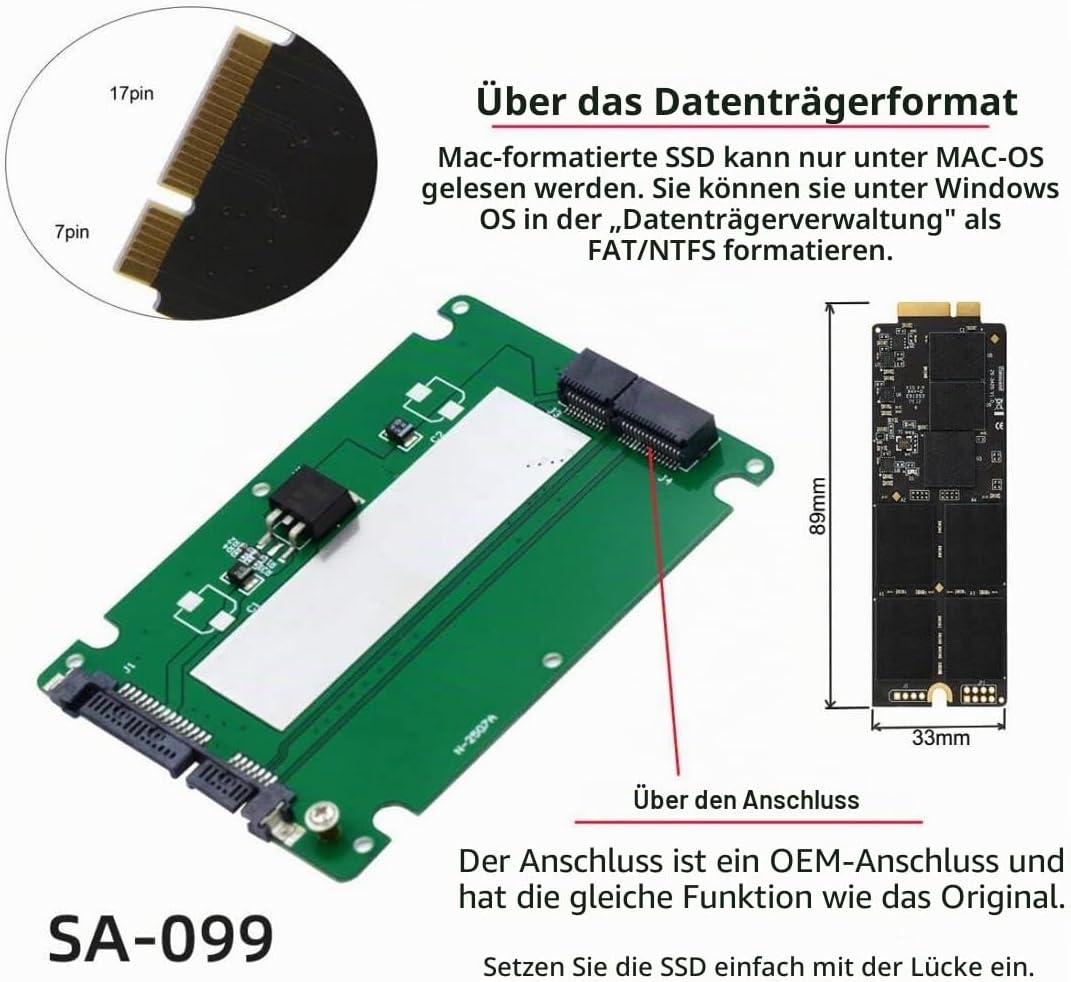 chenyang 7+17Pin SSD auf 2.5" SATA 22Pin Adapter für A1425 A1398 MC975 MC976 MD212 MD213 ME662 ME664