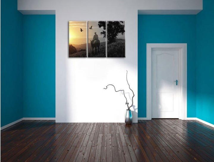 Pixxprint EIN Cowboy im Sonnenuntergang als Leinwandbild | Grösse: 3 Teilig (120x80) | Wandbild| Kun