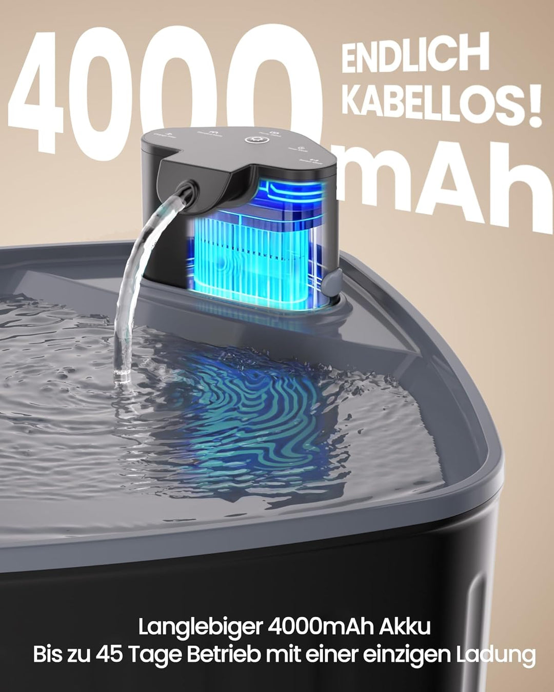 Kittyspout Trinkbrunnen für Hunde Kabellos, 8L/ 270 oz Grosse Hundebrunnen/Katzenbrunnen mit Bewegun