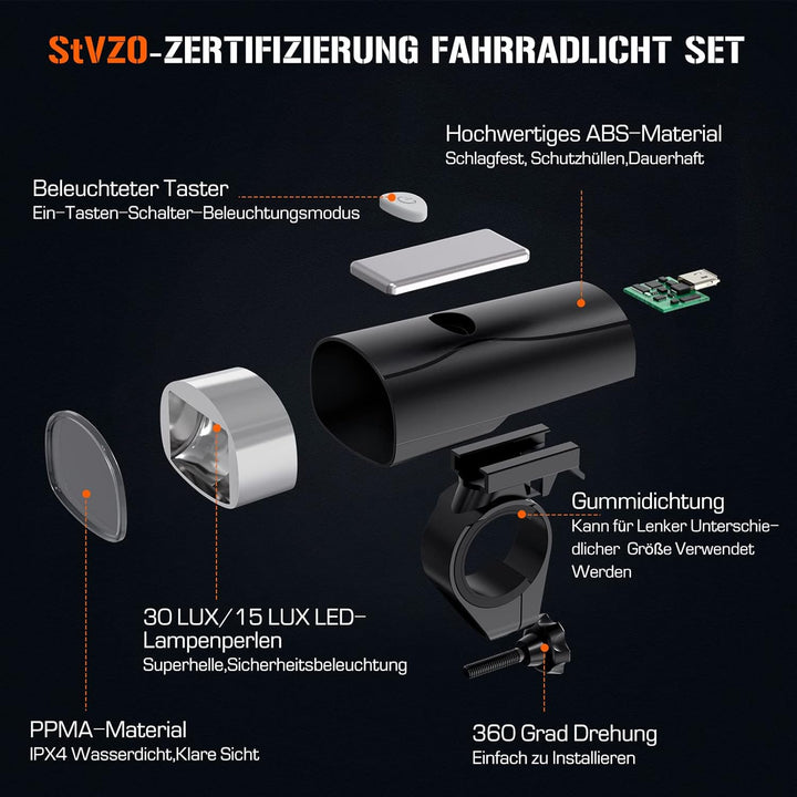 LED Fahrradlicht Set, STVZO Zugelassen Fahrradbeleuchtung Fahrradlampe Wasserdicht und USB-Aufladung