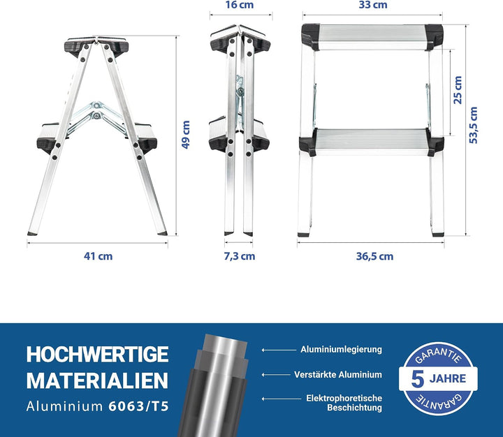 HOSTRÖM Trittleiter Klapptritt 2 Stufen HOMILIX, kleine klappbare Trittleiter, Aluminium, kompakt un