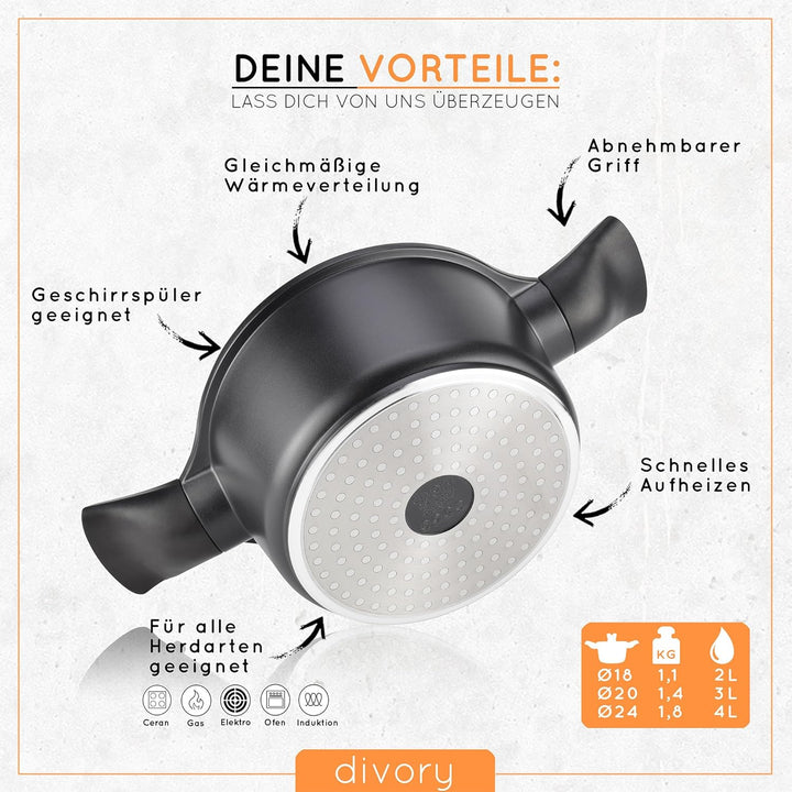 DIVORY Topfset - 8-teilig - Stielkasserolle 18 cm, Kochtopf 20 cm, Topf 24 cm, mit Deckel, Induktion