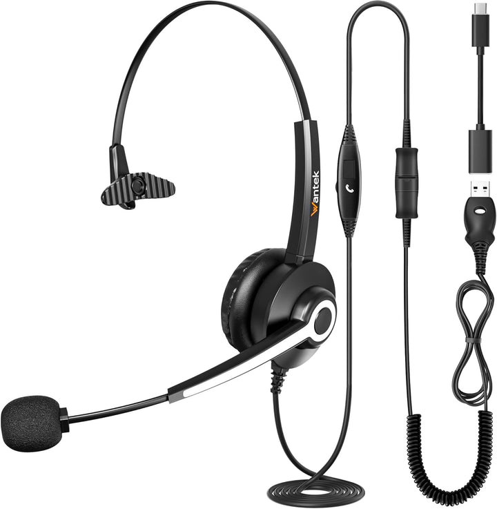 Wantek USB Headset mit Mikrofon für PC Laptop Büro, USB Stecker Typ-C Adapter Für Call Center Online