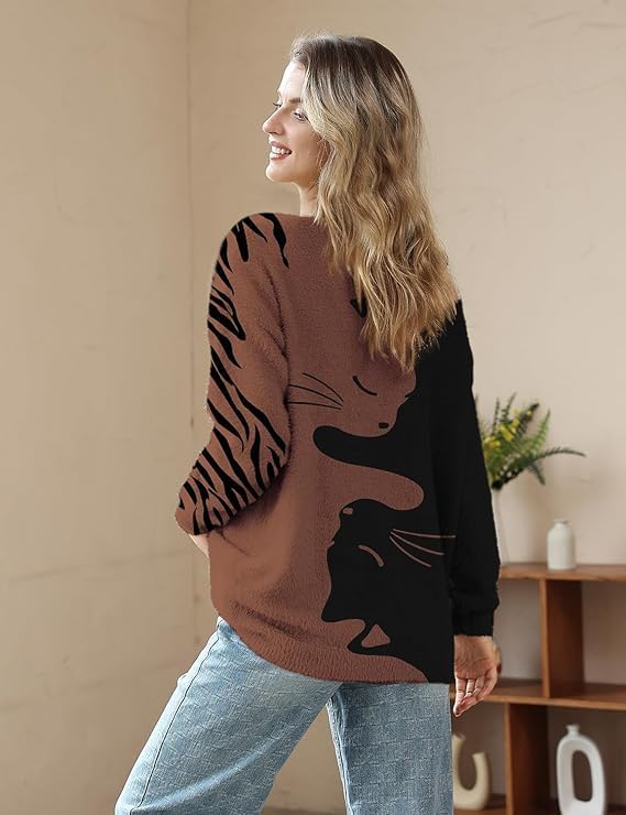 Janein Damen Pullover Oversize Lang Strickpullover Herbst Winter Rundhals Sweater mit Blumenmuster W