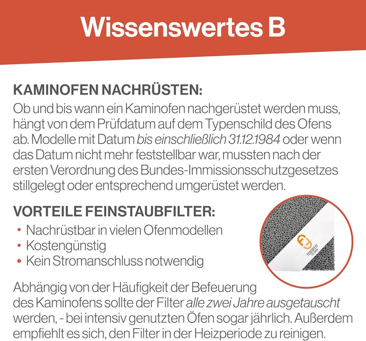 Feuerfest 123 - Feinstaubfilter Kaminofen 230x220x25 mm, Feinstaub Russfilter zum nachrüsten Kamine