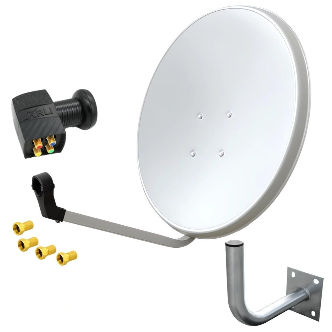 60cm HD Sat Anlage Quad LNB Digital + Wandhalter 25cm + 4X F-Stecker 4 Teilnehmer Antenne Weiss UHD