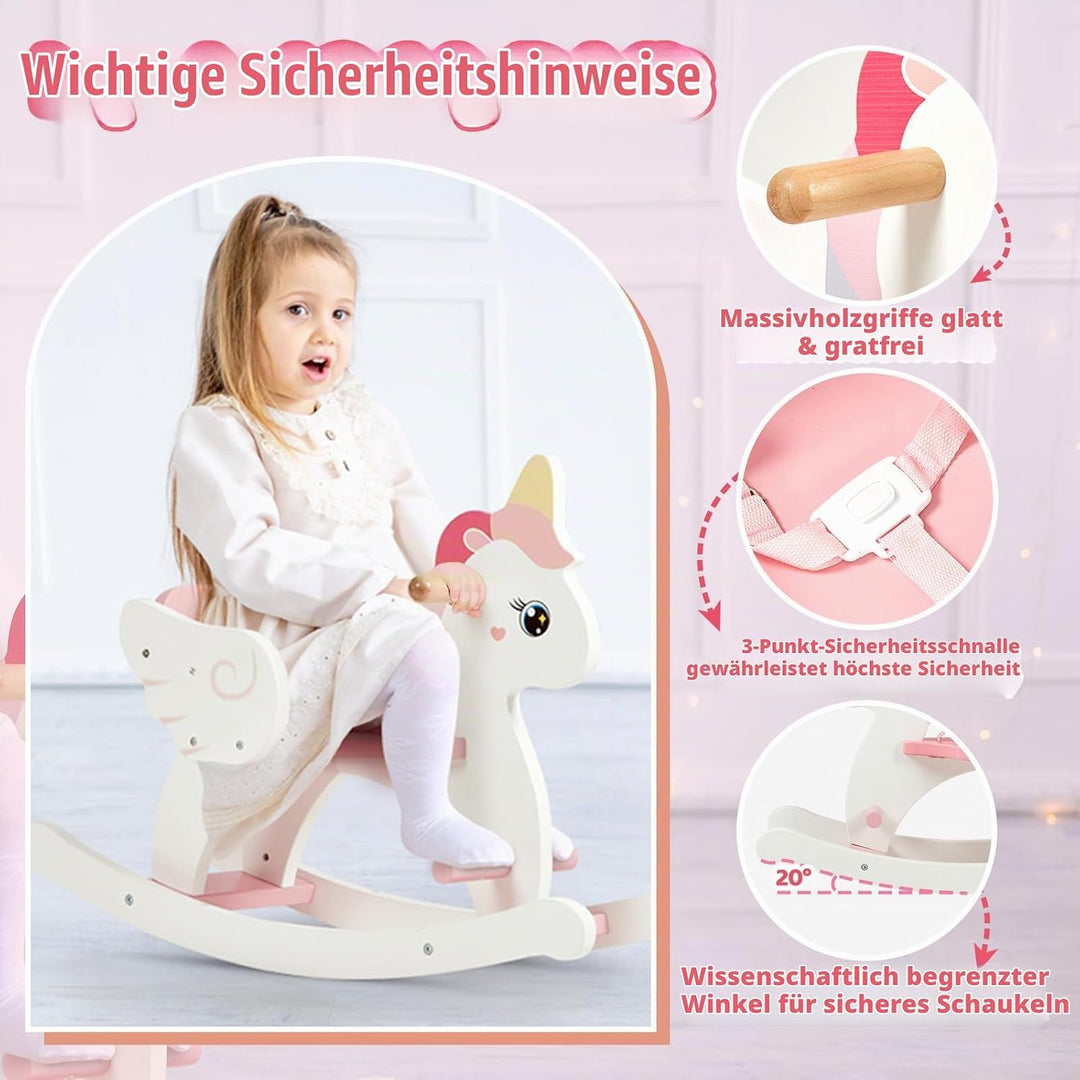 FUNLIO Einhorn Schaukelpferd Holz für 0,5-3 Jahre, Niedliches Schaukelpferd Baby mit Sicherheitsgurt
