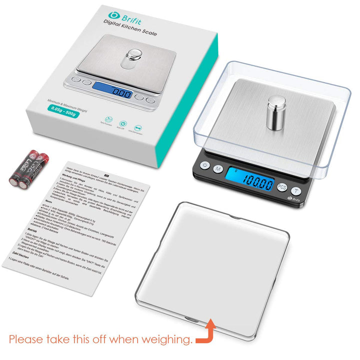 Brifit Feinwaage 0.01g, 500g / 0,01g Digitale Waage, Taschenwaage mit EIN 100g Edelstahl Kalibrierge