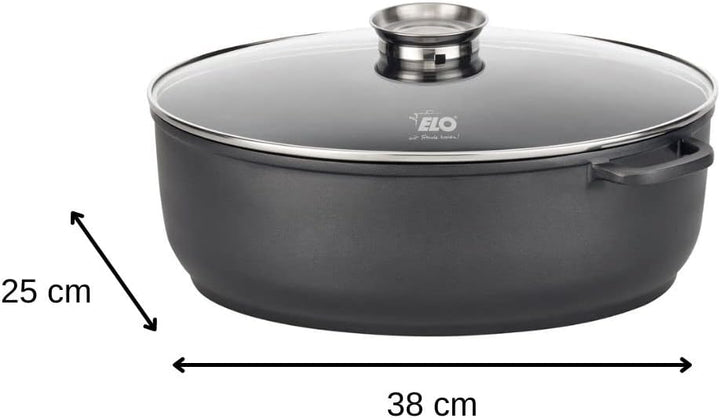 ELO Bräter ALUCAST Ø 38 cm, ovaler Alugussbräter mit Glasdeckel und Antihaftveredelung, Schmortopf f