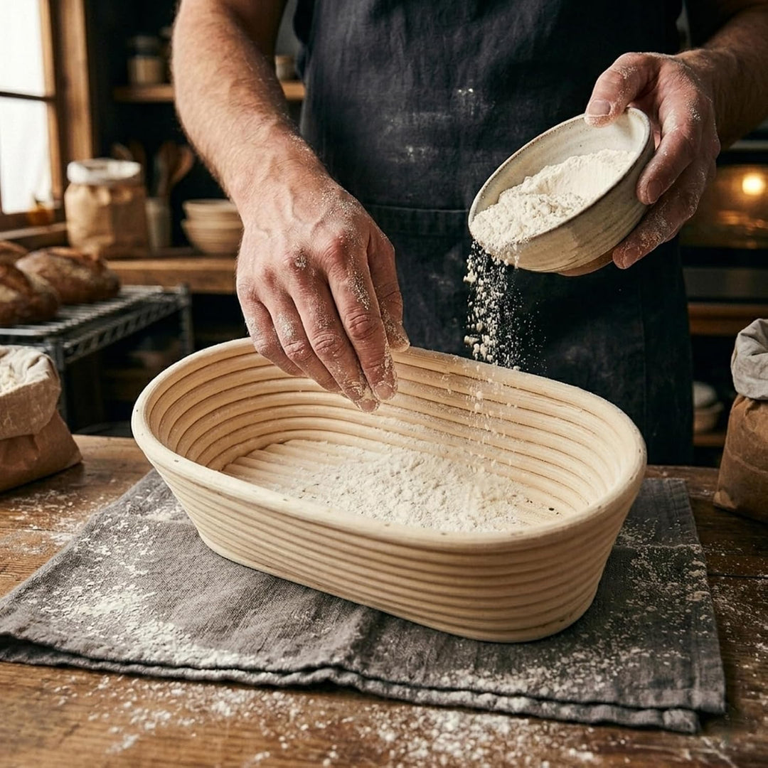 Gärkörbchen Oval, 30cm Gärkorb mit Leinen-Einlage und Teigschaber, Indonesisches Handgewebtes Rattan
