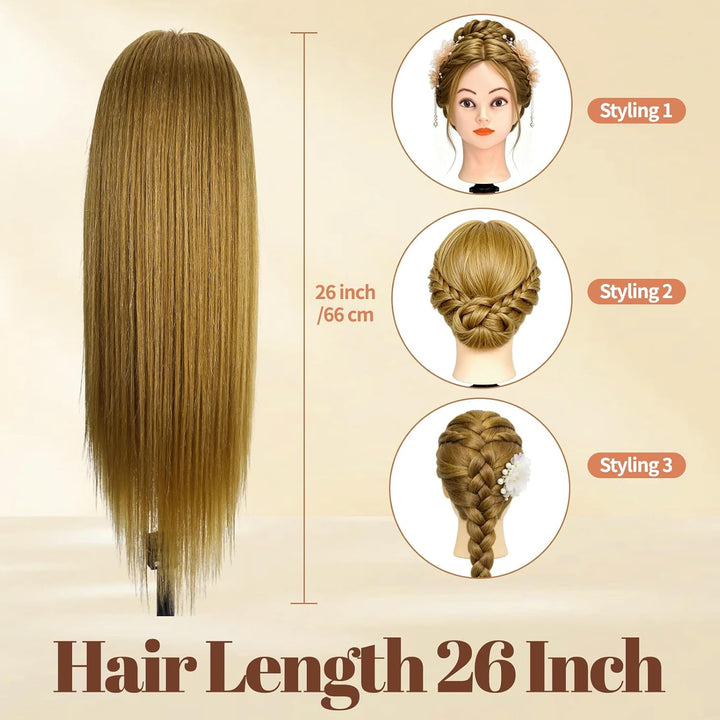 Yofuly 26Zoll / 66cm Frisierkopf, 80% Echthaar Übungskopf, Frisieren Trainingsköpfe Puppenkopf Frise