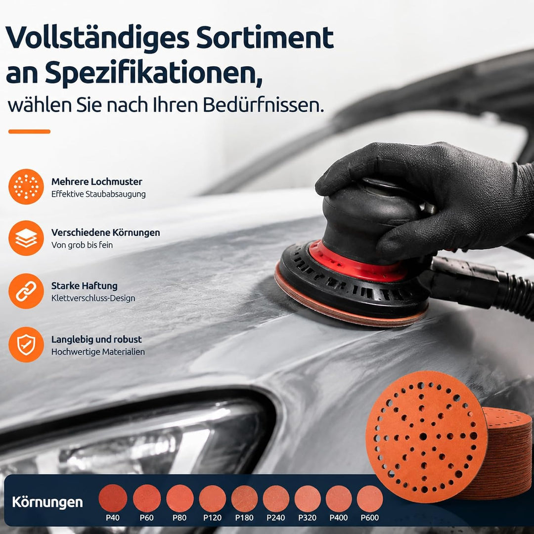 Papier Schleifscheiben 150mm Klett Orange 49-Loch K80 Holz/Auto | Langlebige Schleifscheiben mit Pap