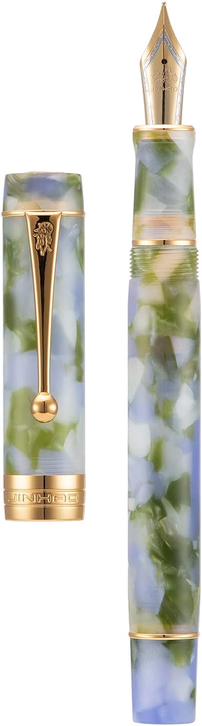 Lanxivi Jinhao Classic Füllfederhalter Blau Grün Zelluloid, feine Feder mit Konverter und Stiftetui-