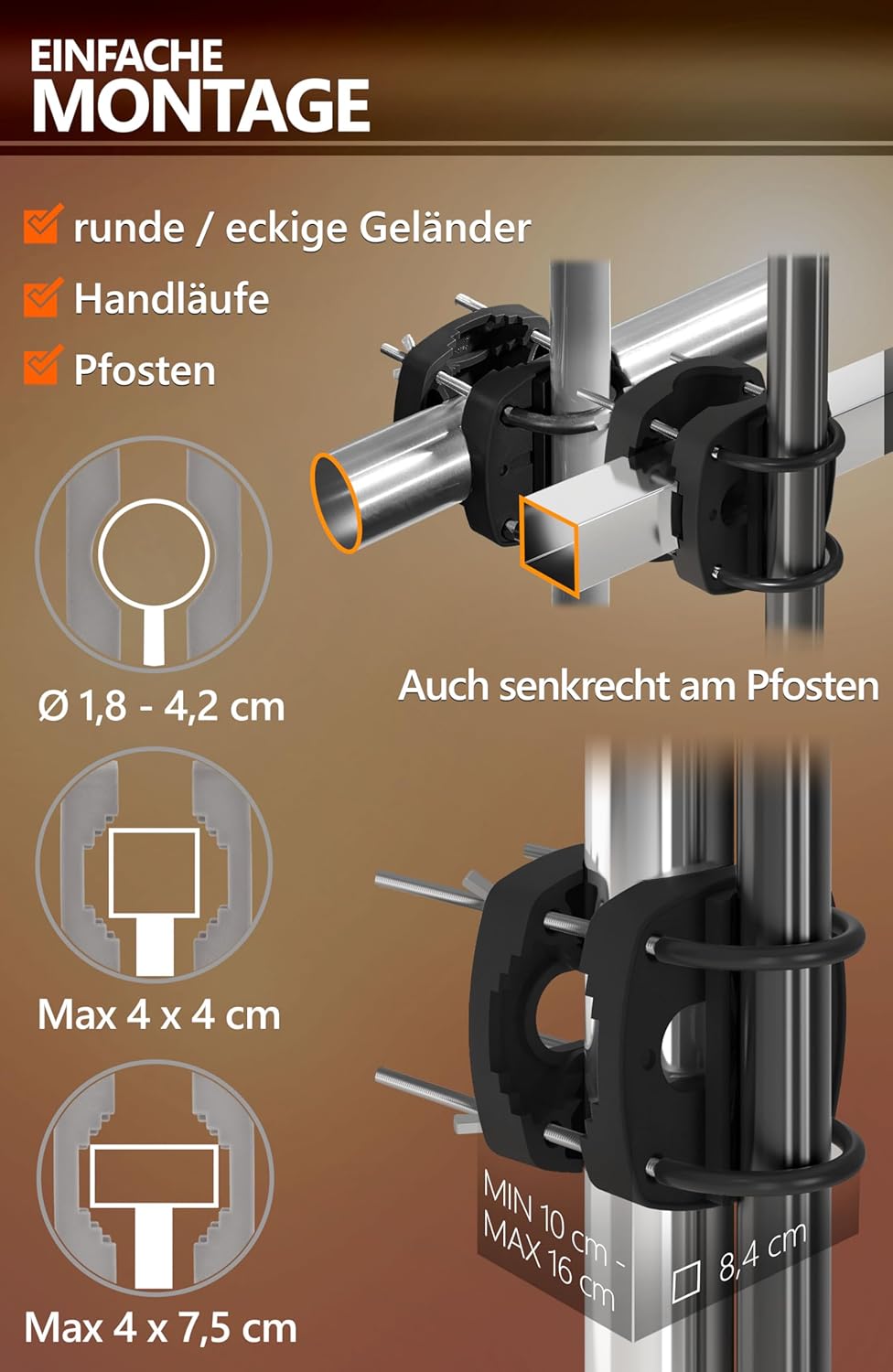 4smile Sonnenschirm Balkon SunnyJoy im 3er-Set - UPF 50+ Balkon Schirm 160 cm + Sonnenschirmhalter B