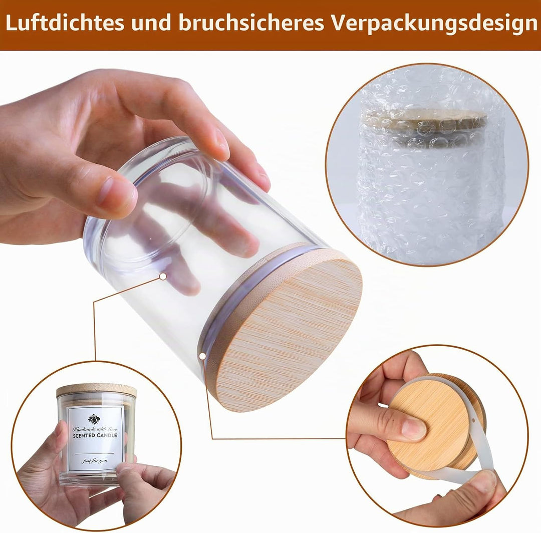 CONNOO 12 Stück 284 ml klarem Glas-Kerzengläser mit Bambusdeckel für die Herstellung von Kerzen, lee