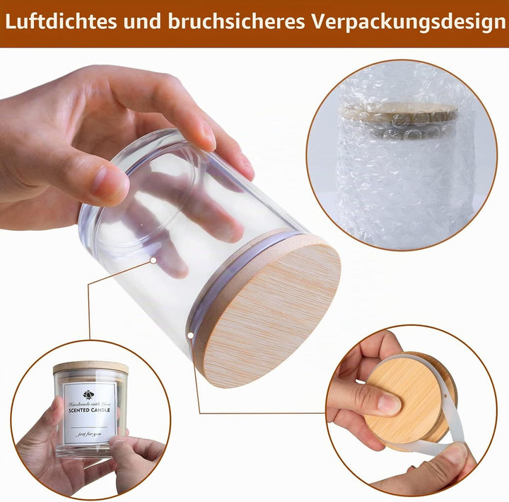 CONNOO 12 Stück 284 ml klarem Glas-Kerzengläser mit Bambusdeckel für die Herstellung von Kerzen, lee