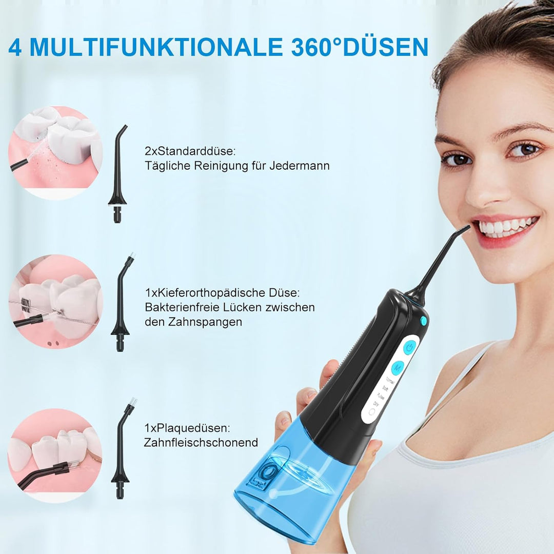 SURFOU Munddusche Kabellos Mundduschen 300ML 4 Modi 4 Düsen, Mundduschen Reise Water Flosser IPX7 Wa