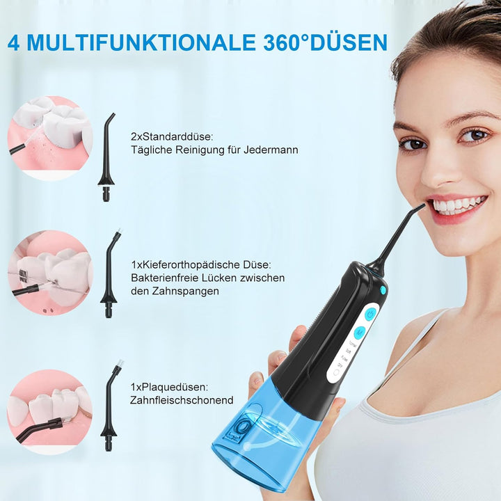 SURFOU Munddusche Kabellos Mundduschen 300ML 4 Modi 4 Düsen, Mundduschen Reise Water Flosser IPX7 Wa