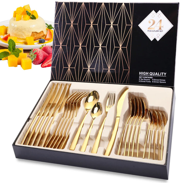 Golden Besteck Set 6 Personen, 24 Stück Edelstahl Besteck Set, Messer Gabel Löffel mit Geschenkbox,