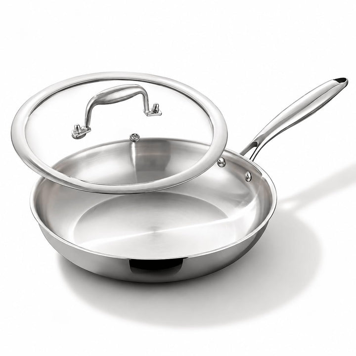 Edelstahlpfanne 28 cm mit Deckel, 5-Schicht Bratpfanne Unbeschichtet, Gleichmässige Wärmeverteilung,
