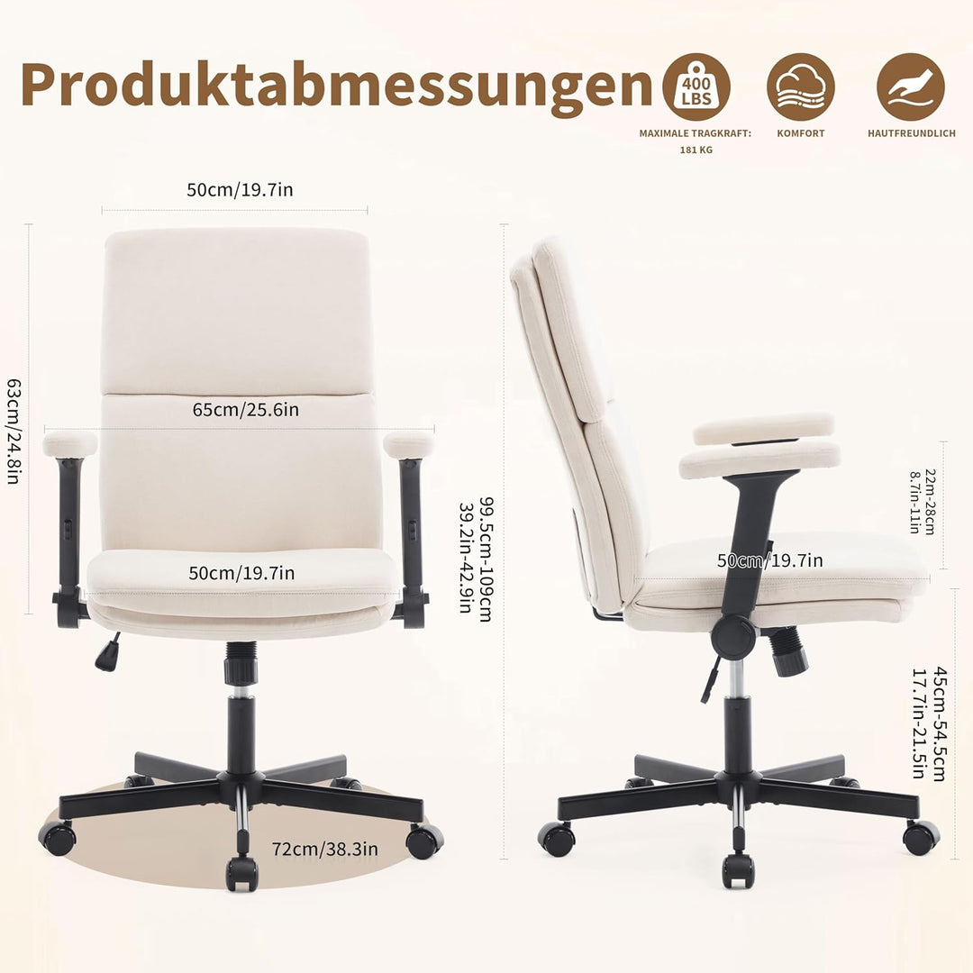 Fizzin Beige Ergonomischer Bürostuhl Schreibtischstuhl mit Hochklappbare Armlehne, Doppellagiger Hoh