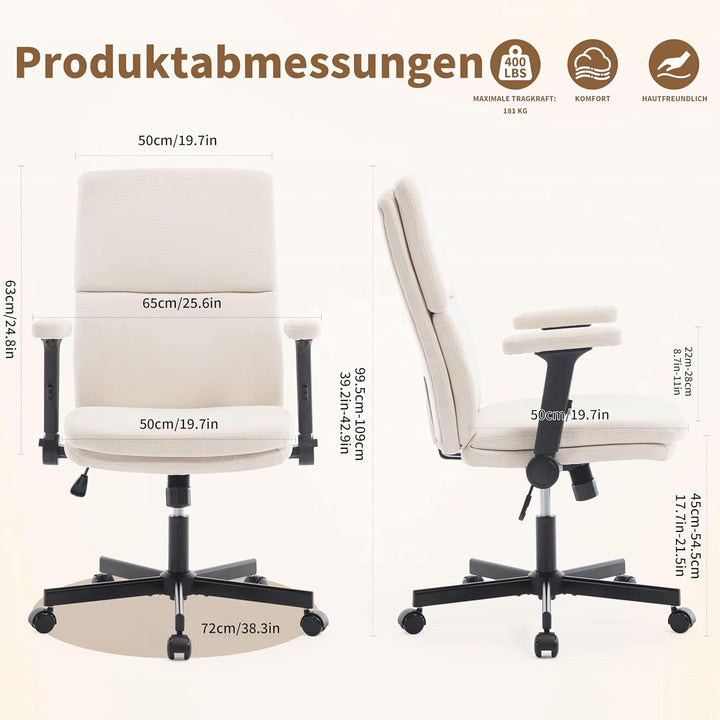Fizzin Beige Ergonomischer Bürostuhl Schreibtischstuhl mit Hochklappbare Armlehne, Doppellagiger Hoh