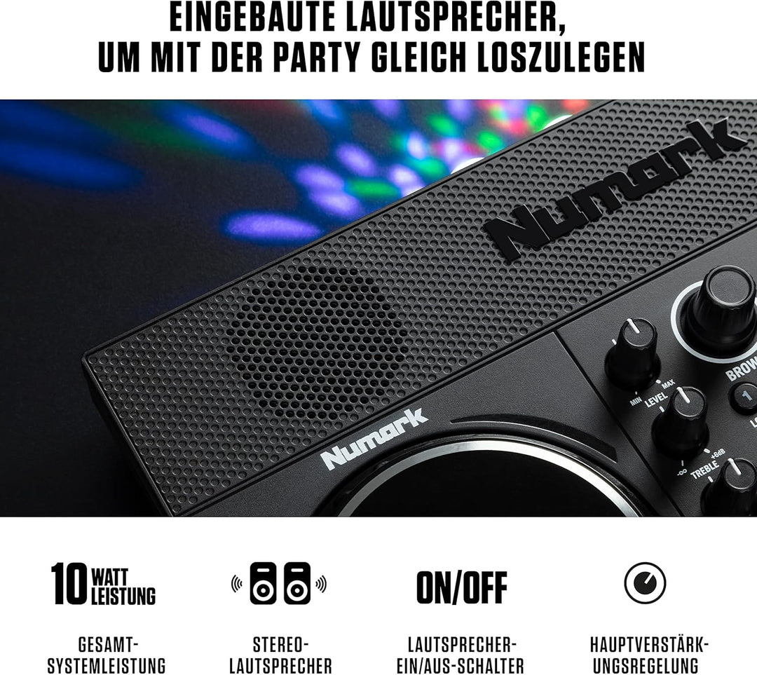 Numark Party Paket - Party Mix Live DJ Controller Mischpult mit eingebauten Lautsprechern, Lichtshow