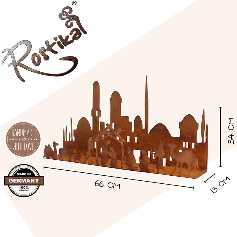 Rostikal Krippe Weihnachten 66 x 34 cm Deko Weihnachtskrippe mit Figuren Edelrost Tischdeko Weihnach