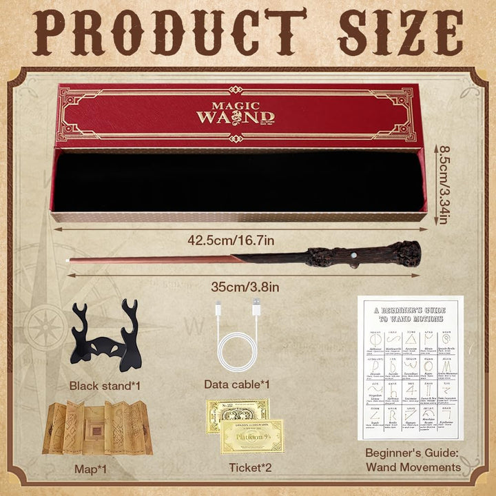 NAVESO 35CM Zauberstab mit Licht, USB Aufladung Zauberstab In Geschenkbox mit Zauberspruchkarte, Bah