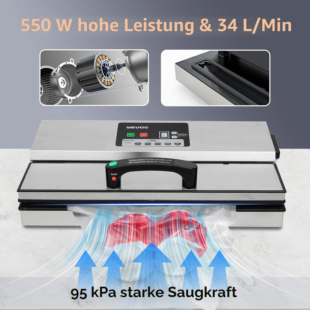 Wevac Vakuumiergerät für Lebensmittel, 95 kPa, 550 W, leistungsstark, Einhandbedienung, Vakuumierger