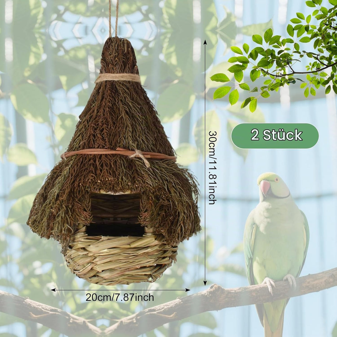 2 Stück Handgewebte Gras Vogelnester, Hängendes Vogelhaus, Vogelnest Hausgarten, Nisttaschen für Vög