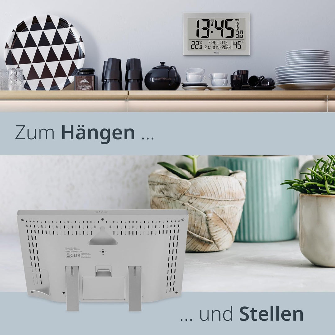 ADE Digitale Funkuhr mit grossem XL-Display | Kalender | mit Temperaturanzeige & Hygrometer | Wanduh