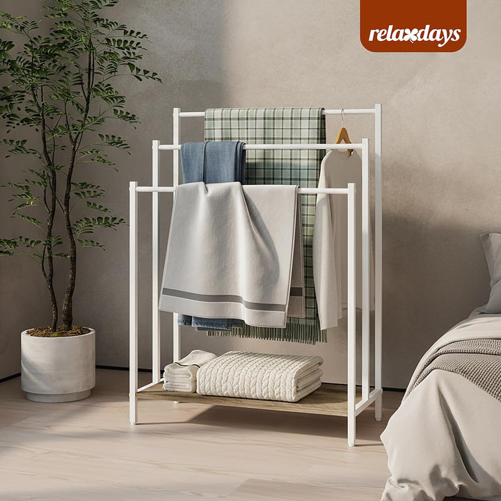 Relaxdays Handtuchständer mit Ablage, HxBxT: 81 x 60 x 28 cm, Holzoptik, 3 Stangen, stehender Handtu