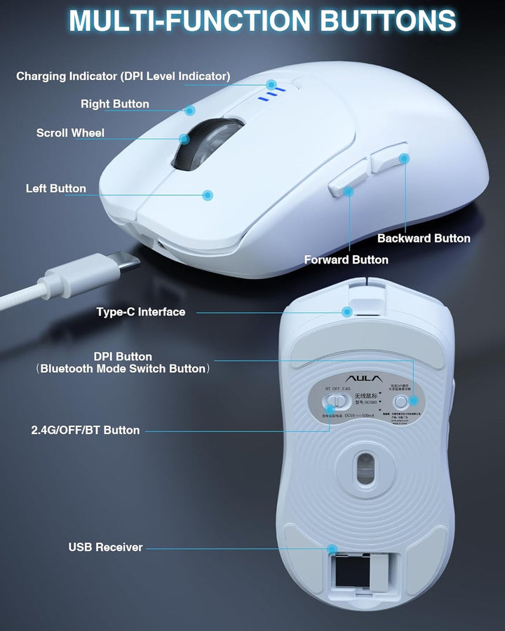 AULA SC580 Gaming Maus Kabellos,2.4GHz/USB-C/BT Wireless Gaming Mouse,12000DPI,6 Programmierbare Tas