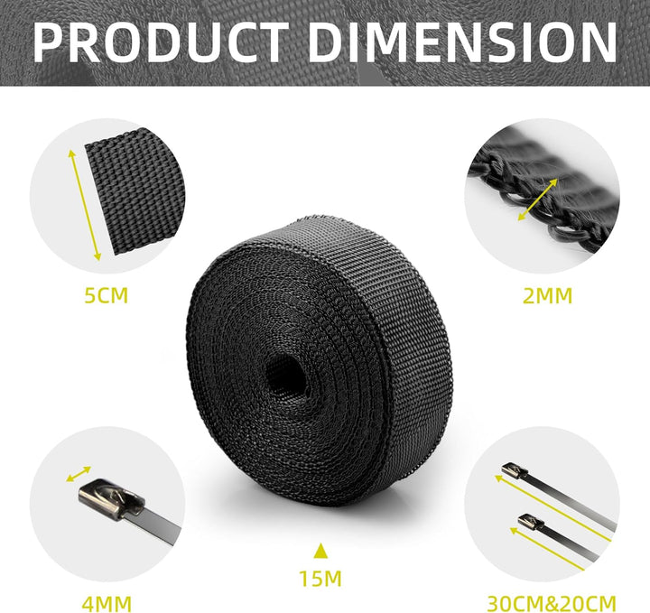 CARDI Auspuff Hitzeschutzband Schwarz 5CMx15M Dicke 2MM Basaltfaser Auspuffband mit 14PCS Edelstahl