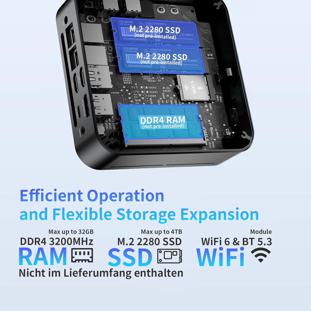DreamQuest Mini PC Windows 11 Pro Vorgefertigte Barebone ohne DDR4 RAM/PCIe 3.0 SSD mit Intel N150 (