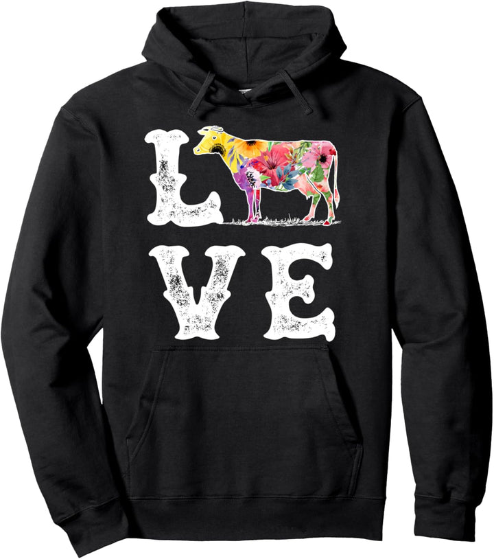 I Love Cows Cow Lover Farmer Tropical Flower Farm Farming Pullover Hoodie