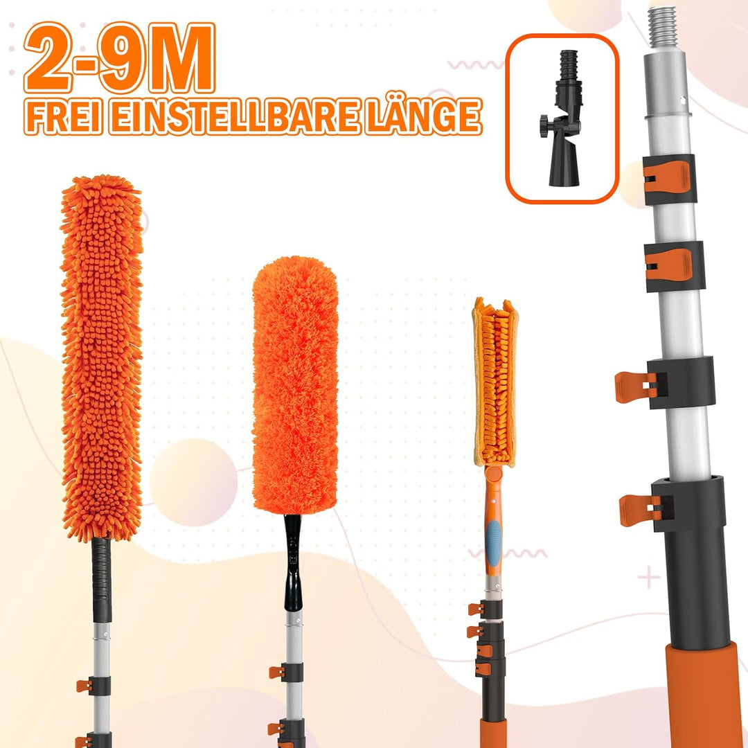 LAANPOLE 9M Staubwedel Teleskop Waschbar, Spinnwebenbesen mit Teleskopstiel, Staubwedel lang mit aus