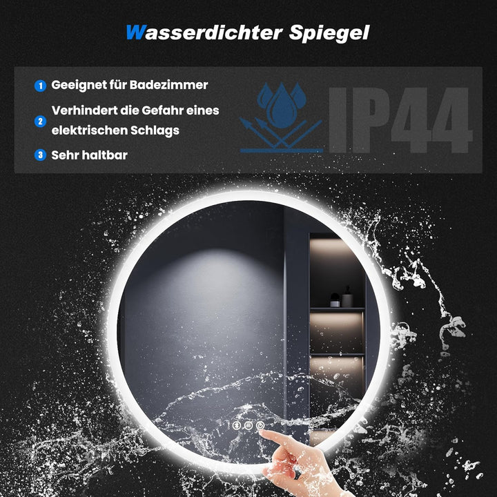 SONNI 60 cm Runder LED-Badspiegel mit Bluetooth & IP44, Dimmbare LED mit 3 Farbtemperaturen & Anti-B