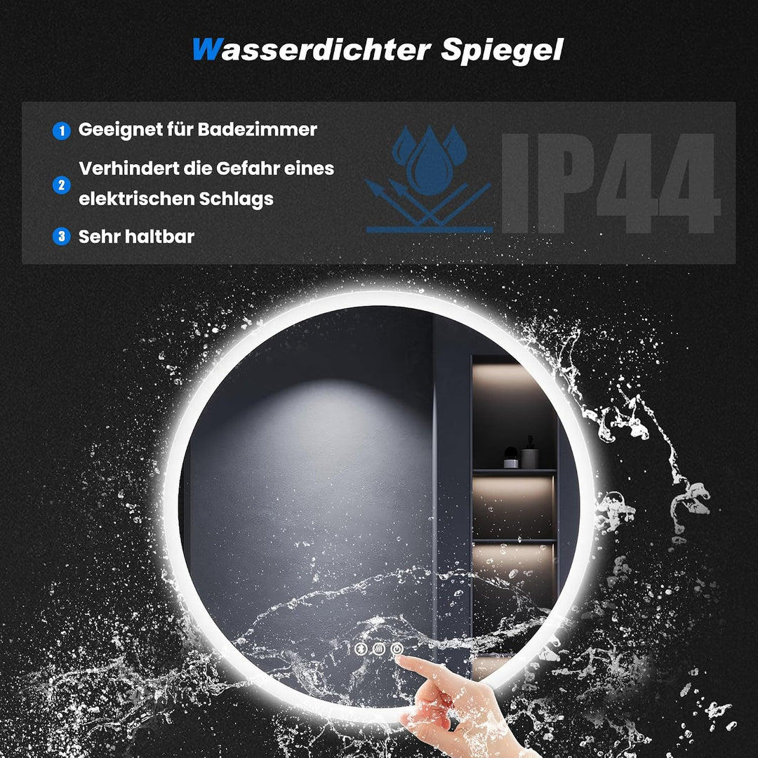 SONNI 60 cm Runder LED-Badspiegel mit Bluetooth &amp; IP44, Dimmbare LED mit 3 Farbtemperaturen &amp; Anti-B