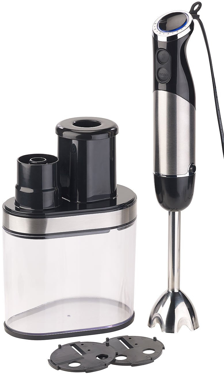 Rosenstein & Söhne Mixstab: Elektrischer 2in1-Stabmixer und Spiralschneider, 400 Watt, Edelstahl (Kü