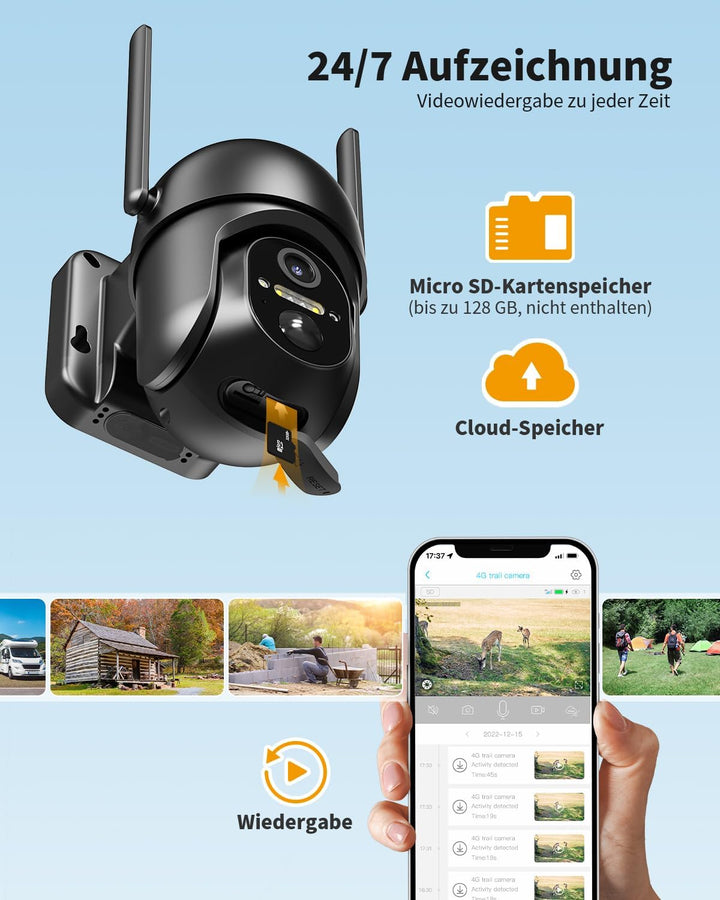 4G LTE Überwachungskamera Aussen Akku mit SIM Karte, 2K Kabellos Solar PTZ IP Kamera Outdoor Ohne WL