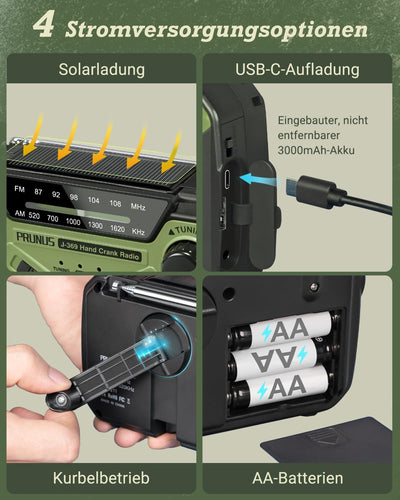 PRUNUS J-369 Kurbelradio FM/AM Mittelwellenradio, Radio Batteriebetrieben, Radio Kurbel Notfall mit